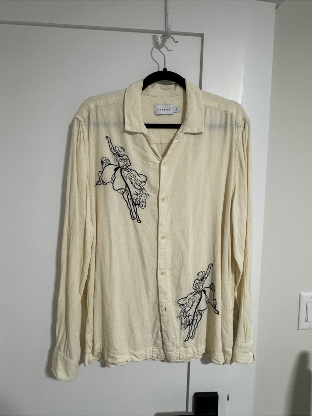Topman long sleeve embroidered western cowboy shirt in ecru